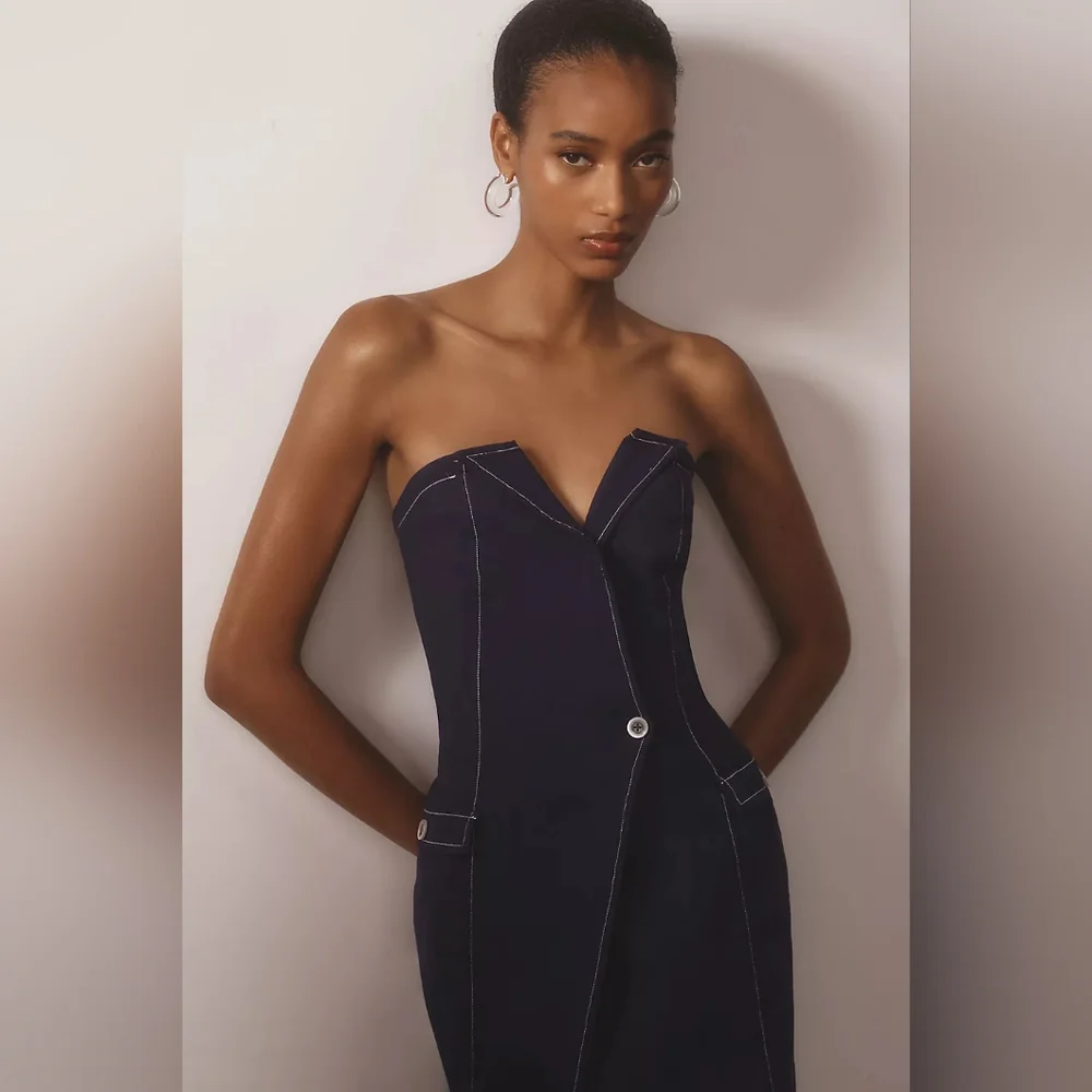 Anthropologie Maeve Strapless Linen Mini Dress Blue Pockets - Picture 4 of 10